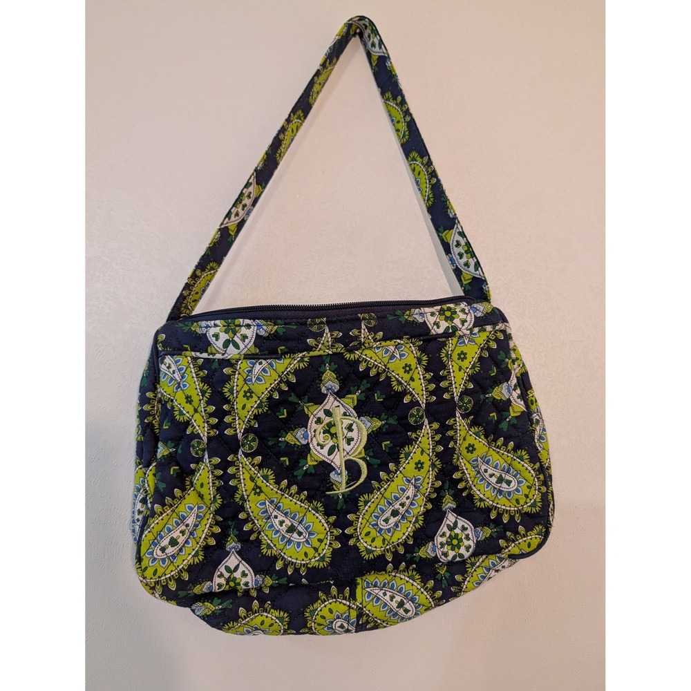 Unbranded Quilted Cotton Paisley Shoulder Bag Navy Lime Green Monogram B